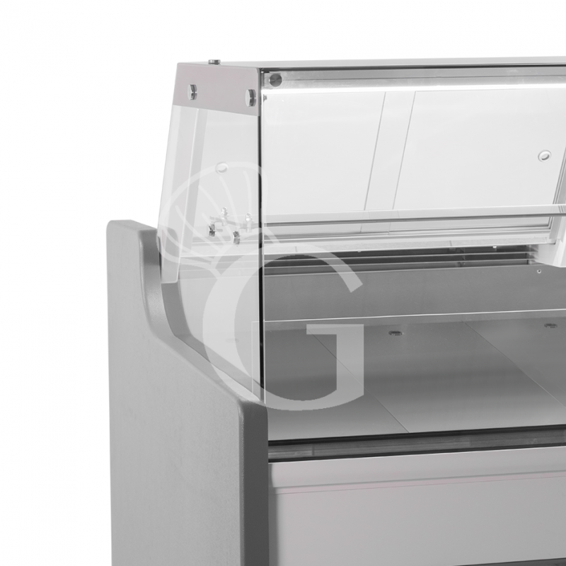 Banco refrigerato ventilato vetro dritto, 0°/+5°C, L 1330 mm, completo di luce, vetro intermedio e plexiglass posteriori