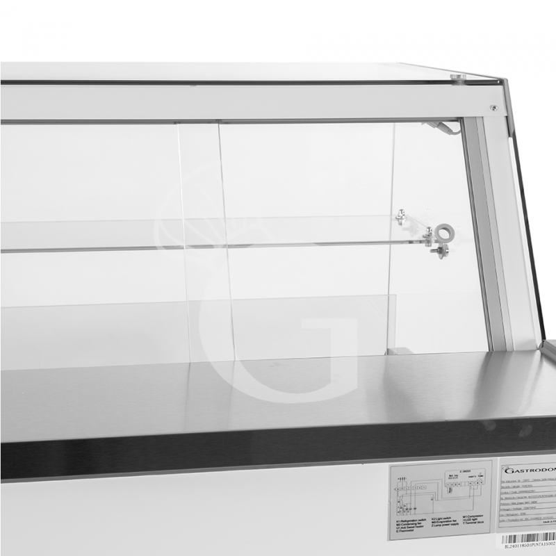 Banco refrigerato ventilato vetro dritto, 0°/+5°C, L 1330 mm, completo di luce, vetro intermedio e plexiglass posteriori