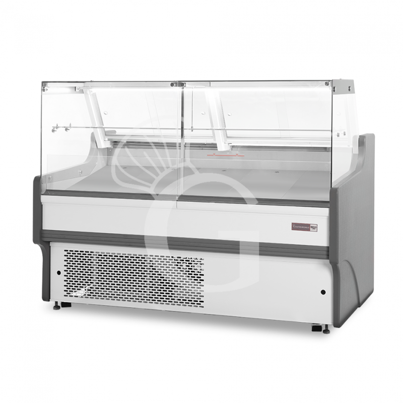 Banco refrigerato ventilato vetro dritto, 0°/+5°C, L 1580 mm, completo di luce, vetro intermedio e plexiglass posteriori