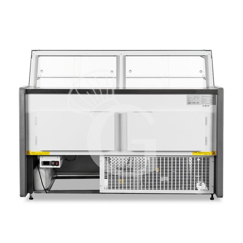 Banco refrigerato ventilato vetro dritto, 0°/+5°C, L 1580 mm, completo di luce, vetro intermedio e plexiglass posteriori