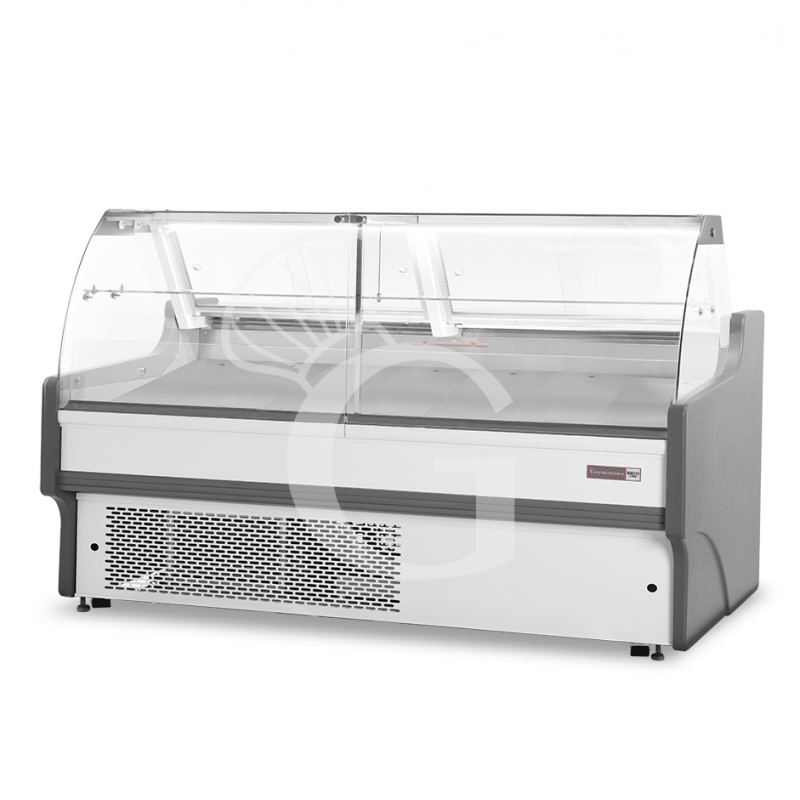Banco refrigerato ventilato vetro curvo, 0°/+5°C, L 2580 mm, completo di luce, vetro intermedio e plexiglass posteriori