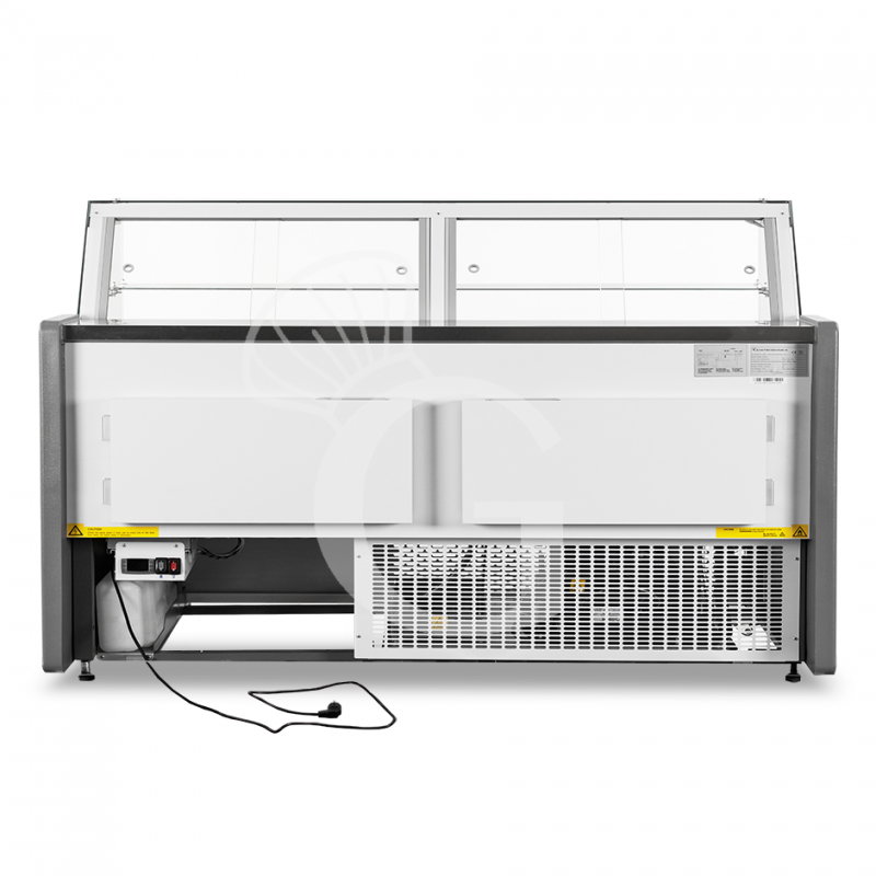 Banco refrigerato ventilato vetro curvo, 0°/+5°C, L 2580 mm, completo di luce, vetro intermedio e plexiglass posteriori
