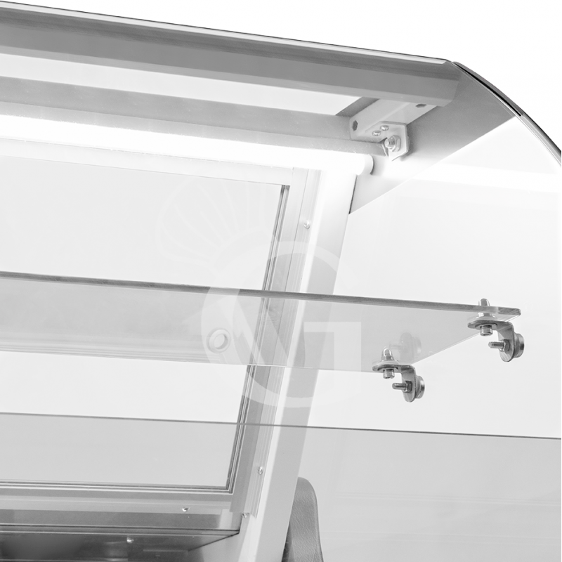 Banco refrigerato ventilato vetro curvo, 0°/+5°C, L 2580 mm, completo di luce, vetro intermedio e plexiglass posteriori