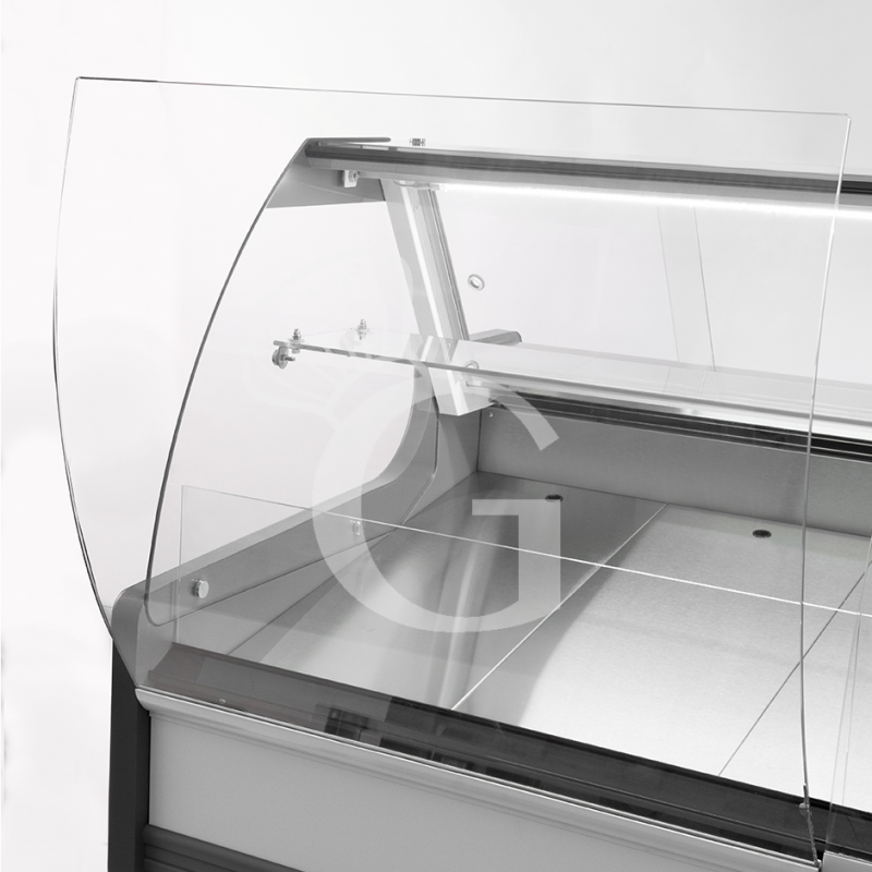 Banco refrigerato ventilato vetro curvo, 0°/+5°C, L 2580 mm, completo di luce, vetro intermedio e plexiglass posteriori