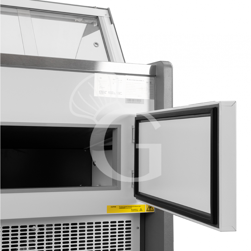 Banco refrigerato ventilato vetro curvo, 0°/+5°C, L 2580 mm, completo di luce, vetro intermedio e plexiglass posteriori