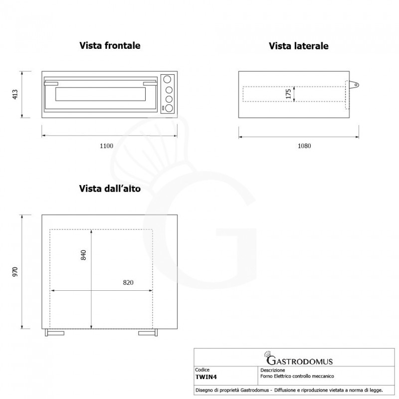 Forno Elettrico porta vetro 2 teglie 600x400 o 4 pizze diametro 400 mm 1 camera controllo meccanico