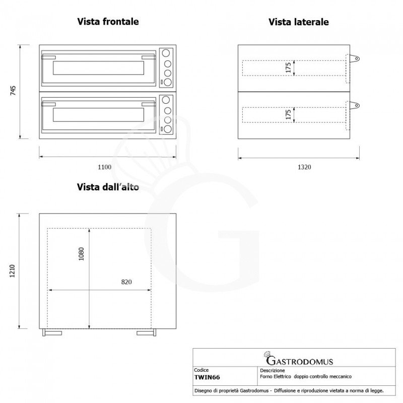 Forno Elettrico porta vetro 6 teglie 600x400 o 12 pizze diametro 350 mm 2 camere controllo meccanico