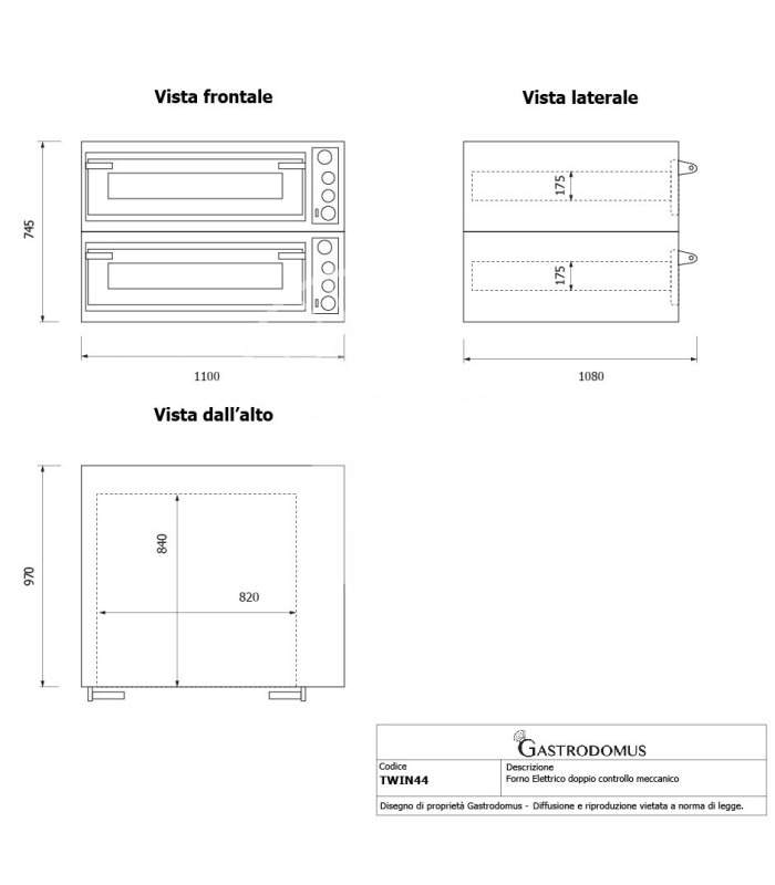 Forno Elettrico meccanico porta vetro 4 teglie 600x400 o 4+4 pizze Ø400mm, cappa a condensazione nera e supporto