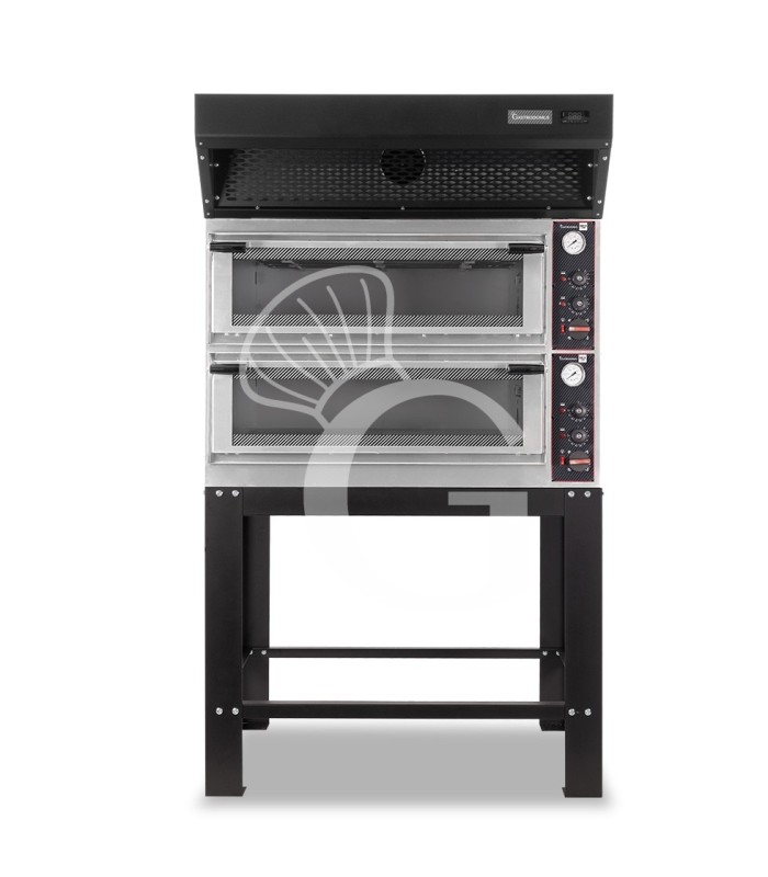 Forno Elettrico meccanico porta vetro 4 teglie 600x400 o 4+4 pizze Ø400mm, cappa a condensazione nera e supporto