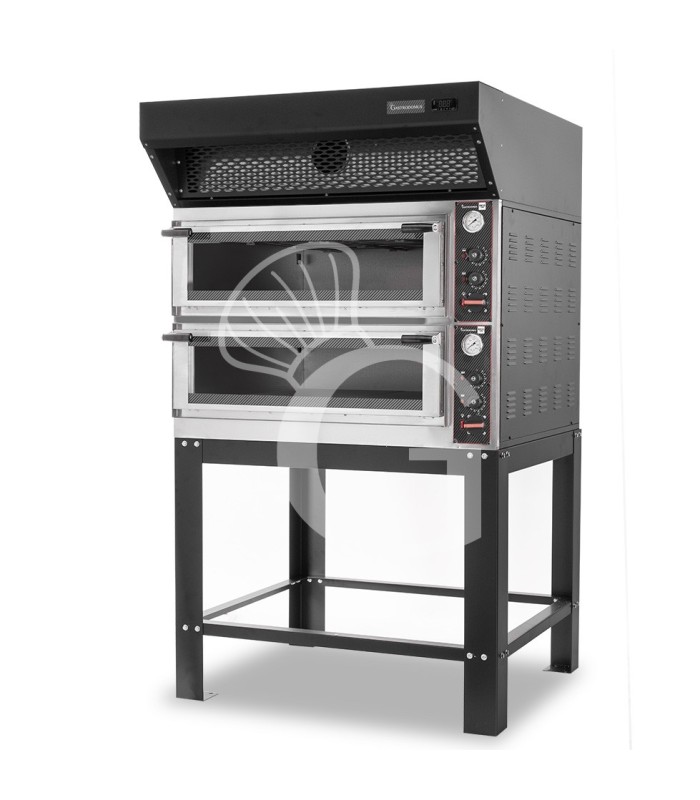 Forno Elettrico meccanico porta vetro 4 teglie 600x400 o 4+4 pizze Ø400mm, cappa a condensazione nera e supporto