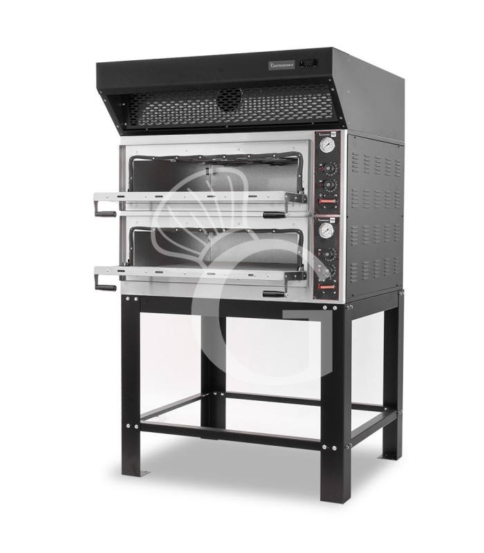 Forno Elettrico meccanico porta vetro 4 teglie 600x400 o 4+4 pizze Ø400mm, cappa a condensazione nera e supporto