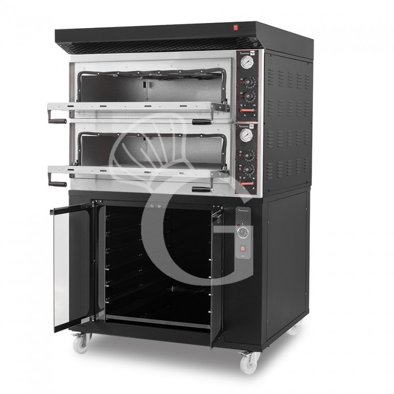 Forno Elettrico meccanico porta vetro 4 teglie 600x400 o 4+4 pizze Ø 400mm completo di cappa nera e cella di lievitazione nera