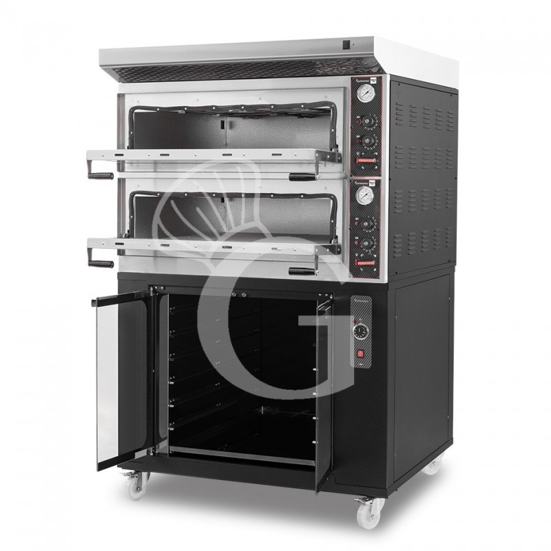 Forno Elettrico meccanico porta vetro 4 teglie 600x400 o 4+4 pizze Ø 400mm completo di cappa inox e cella di lievitazione nera