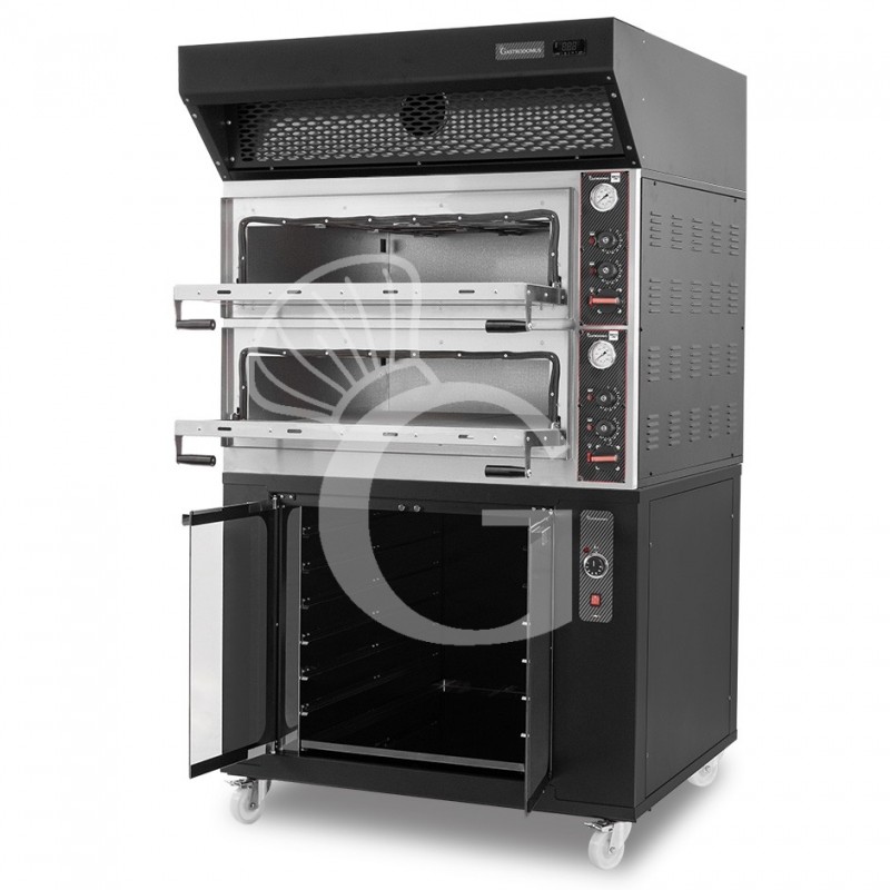 Forno Elettrico meccanico porta vetro 4 teglie 600x400 o 4+4 pizze Ø400mm,cappa a condensazione nera, cella di lievitazione nera