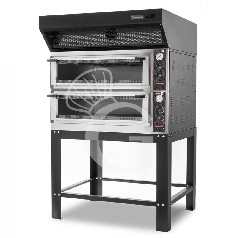 Forno Elettrico meccanico porta vetro 8 teglie 600x400 o 6+6 pizza Ø400mm, cappa a condensazione nera e supporto