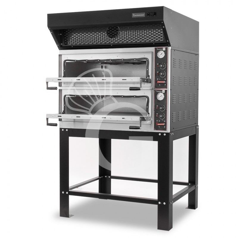 Forno Elettrico meccanico porta vetro 8 teglie 600x400 o 6+6 pizza Ø400mm, cappa a condensazione nera e supporto