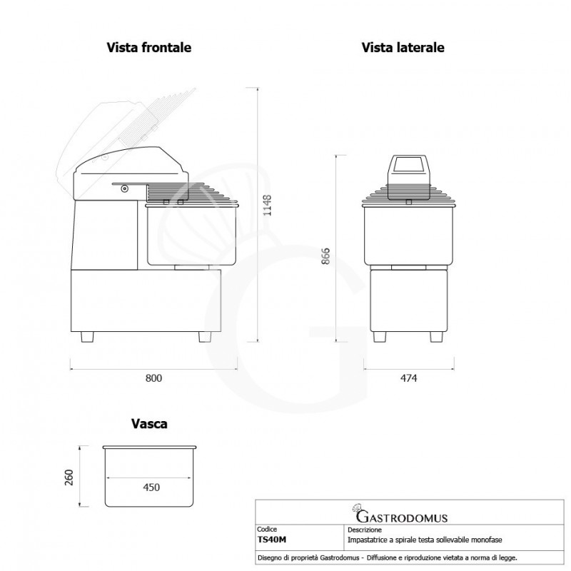 Impastatrice a spirale vasca estraibile comandi digitali- 42 LT - Monofase 230 V - 1 velocità