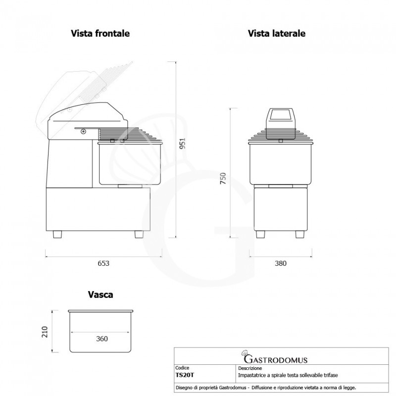 Impastatrice a spirale vasca estraibile comandi digitali - 22 LT - Trifase 230-400 V - 1 velocità