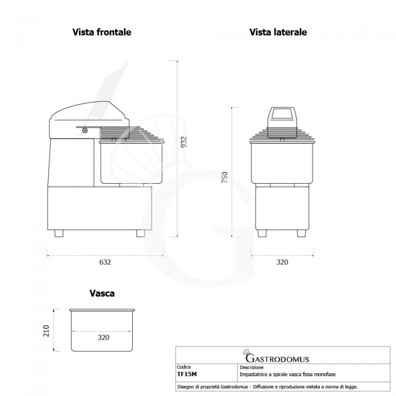 Impastatrice a spirale testa e vasca fisse comandi digitali - 16 LT - Monofase - 1 velocità