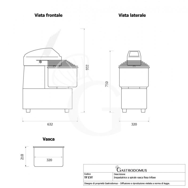 Impastatrice a spirale testa e vasca fisse comandi digitali - 16 LT - Trifase - 1 velocità