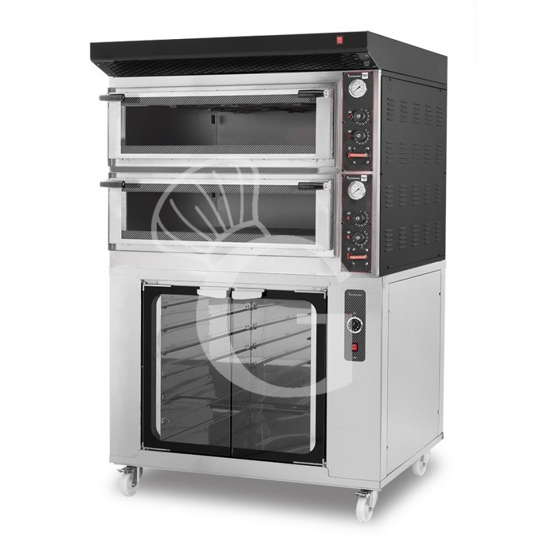 Forno Elettrico meccanico porta vetro 4 teglie 600x400 o 4+4 pizze Ø400mm,cappa aspirazione nera e cella di lievitazione inox