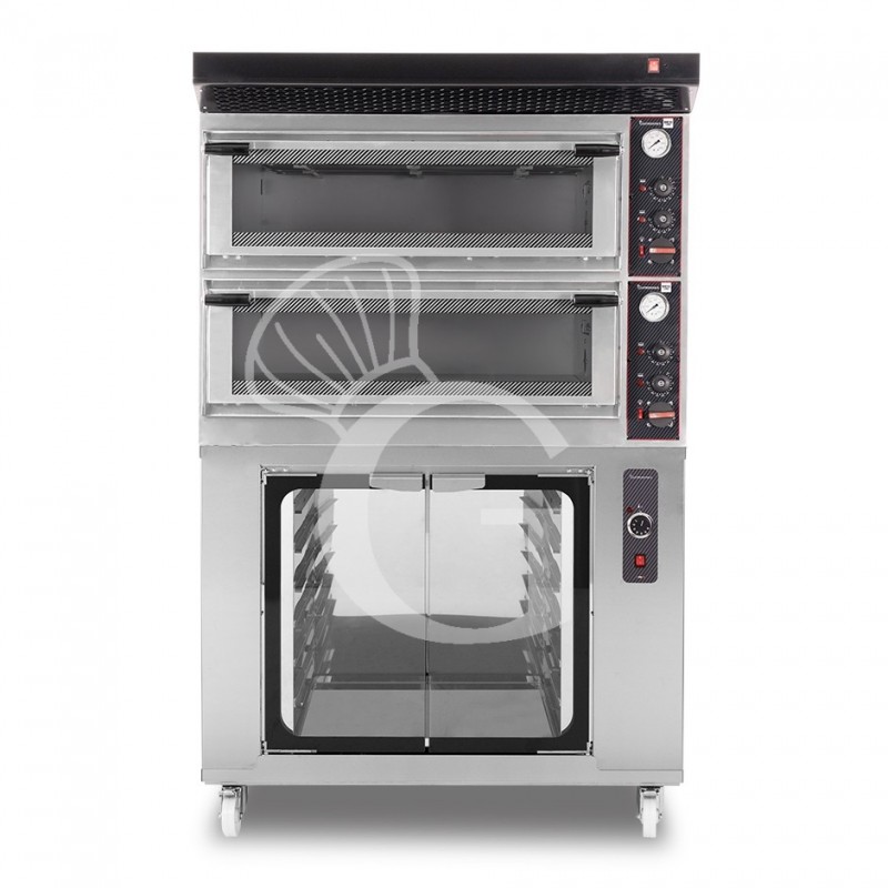 Forno Elettrico meccanico porta vetro 4 teglie 600x400 completo di cappa nera e cella di lievitazione inox
