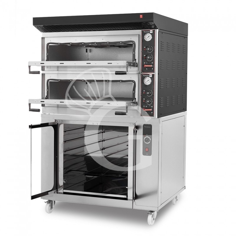 Forno Elettrico meccanico porta vetro 4 teglie 600x400 o 4+4 pizze Ø400mm,cappa aspirazione nera e cella di lievitazione inox