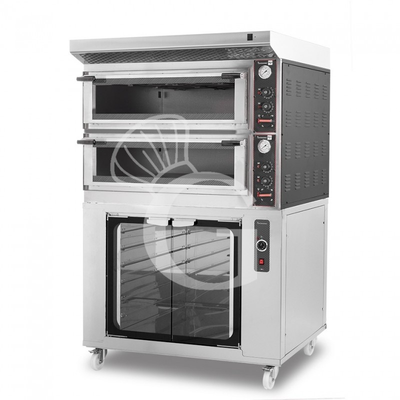 Forno Elettrico meccanico porta vetro 4 teglie 600x400 o 4+4 pizze Ø400mm,cappa aspirazione inox e cella di lievitazione inox