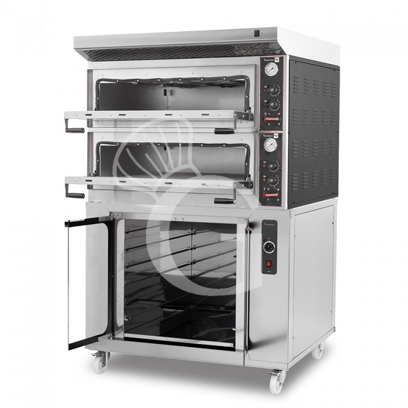 Forno Elettrico meccanico porta vetro 4 teglie 600x400 o 4+4 pizze Ø400mm,cappa aspirazione inox e cella di lievitazione inox