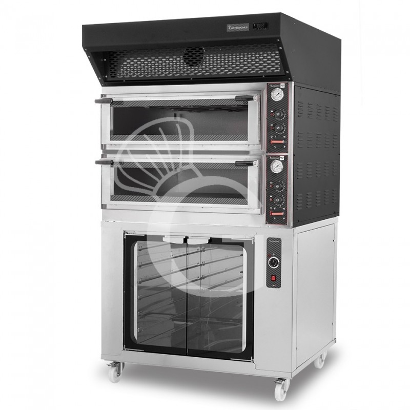 Forno Elettrico meccanico porta vetro 4 teglie 600x400 o 4+4 pizze Ø400mm,cappa a condensazione nera,cella di lievitazione inox