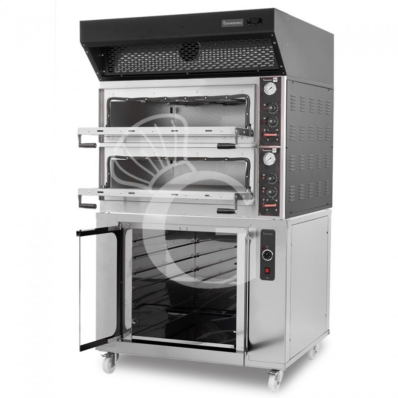 Forno Elettrico meccanico porta vetro 4 teglie 600x400 o 4+4 pizze Ø400mm,cappa a condensazione nera,cella di lievitazione inox