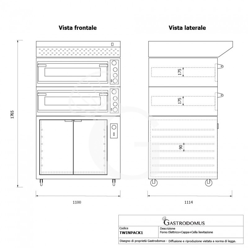Forno Elettrico meccanico porta vetro 4 teglie 600x400 o 4+4 pizze Ø 400mm completo di cappa nera e cella di lievitazione nera