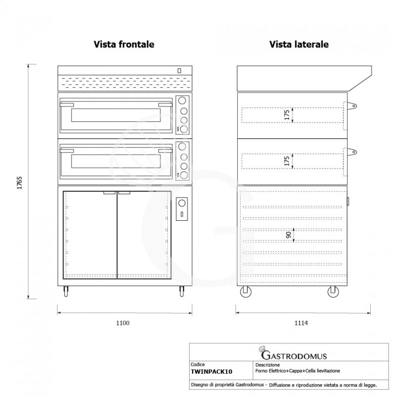 Forno Elettrico meccanico porta vetro 4 teglie 600x400 o 4+4 pizze Ø 400mm completo di cappa inox e cella di lievitazione nera