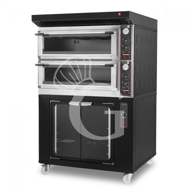 Forno Elettrico meccanico porta vetro 4 teglie 600x400 o 4+4 pizze Ø 400mm completo di cappa nera e cella di lievitazione nera