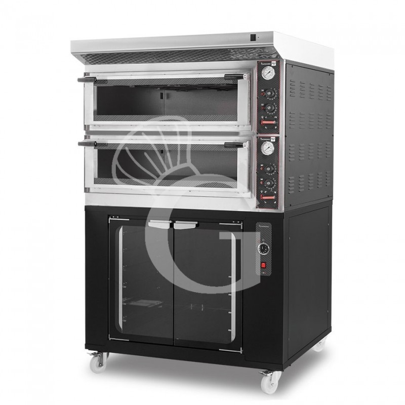 Forno Elettrico meccanico porta vetro 4 teglie 600x400 o 4+4 pizze Ø 400mm completo di cappa inox e cella di lievitazione nera