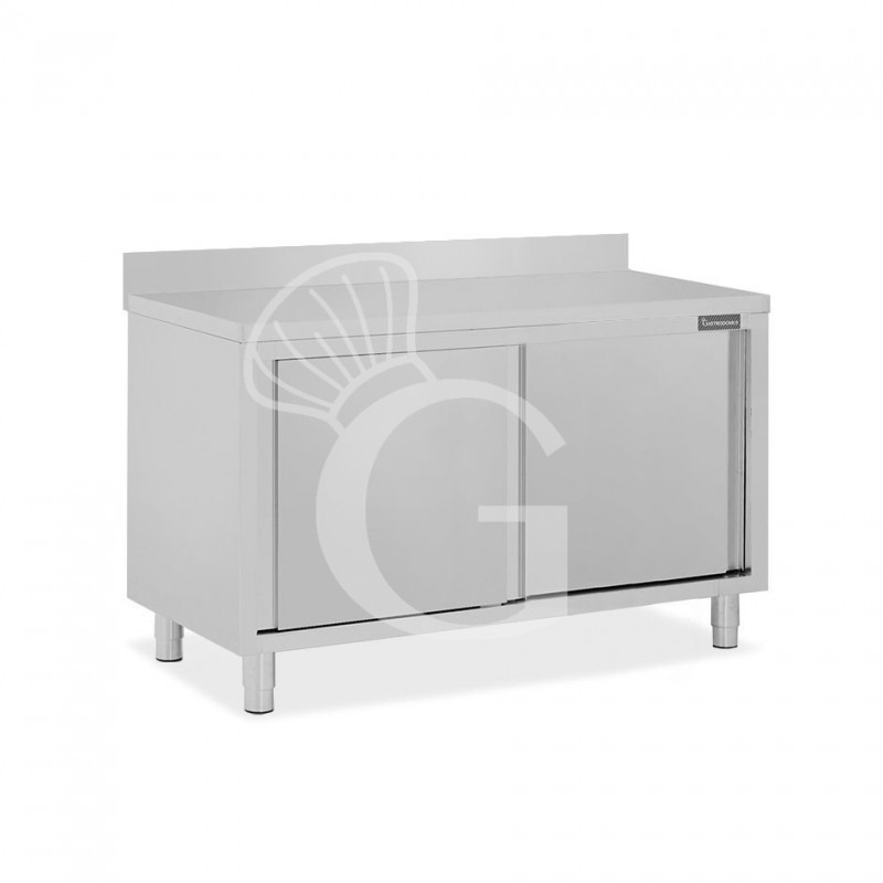 Tavolo armadiato inox con 2 porte scorrevoli e alzatina, L 1200 mm x P 600 mm x H 950 mm