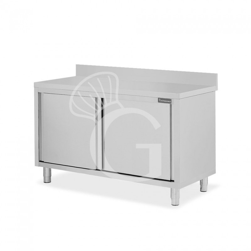 Tavolo armadiato inox con 2 porte scorrevoli e alzatina, L 1200 mm x P 600 mm x H 950 mm