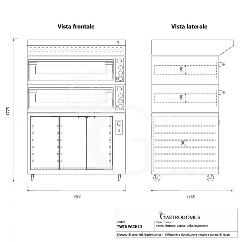 Forno Elettrico meccanico porta vetro 8 teglie 600x400 o 6+6 pizze Ø 400mm completo di cappa nera e cella di lievitazione nera