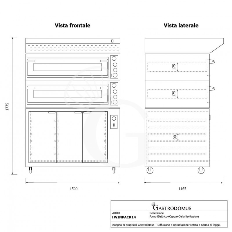 Forno Elettrico meccanico porta vetro 8 teglie 600x400 o 6+6 pizze Ø 400mm completo di cappa inox e cella di lievitazione inox