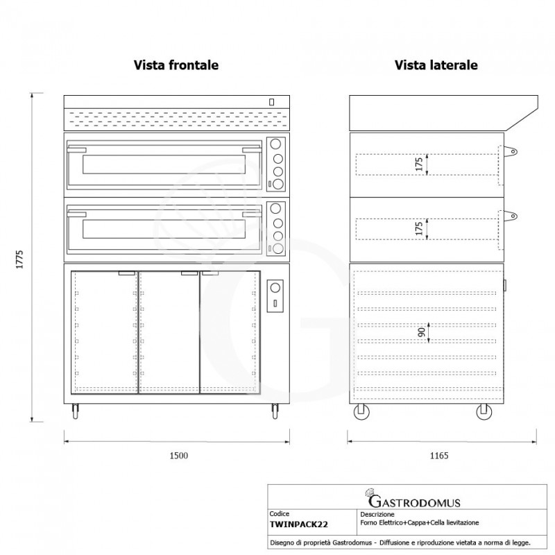 Forno Elettrico meccanico porta vetro 8 teglie 600x400 o 6+6 pizze Ø 400mm completo di cappa inox e cella di lievitazione nera