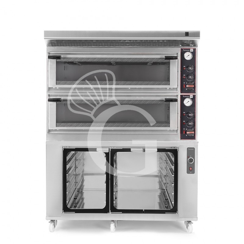 Forno Elettrico meccanico porta vetro 8 teglie 600x400 o 6+6 pizze Ø 400mm completo di cappa inox e cella di lievitazione inox
