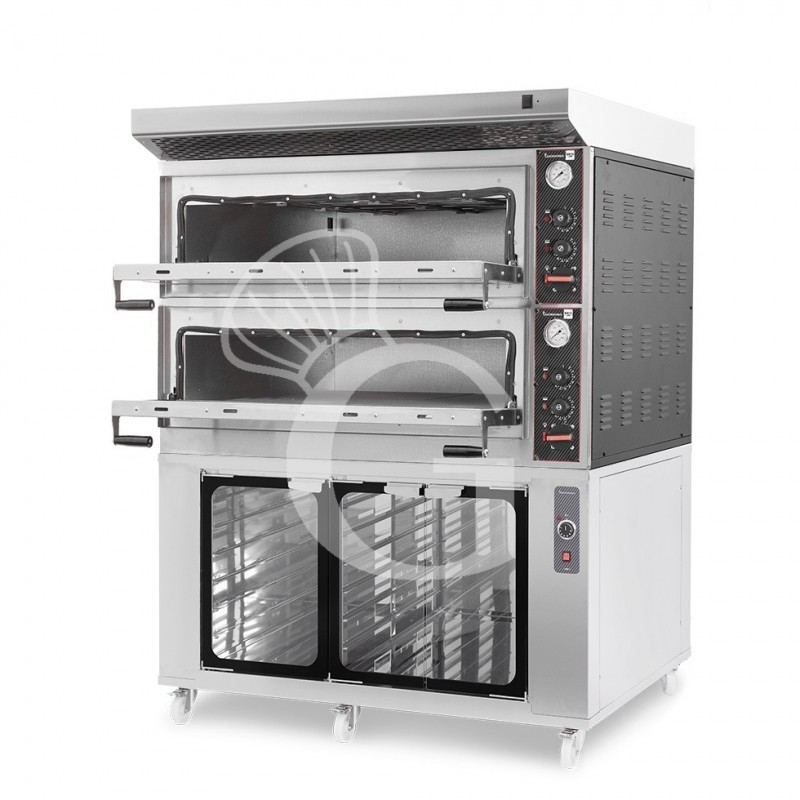 Forno Elettrico meccanico porta vetro 8 teglie 600x400 o 6+6 pizze Ø 400mm completo di cappa inox e cella di lievitazione inox