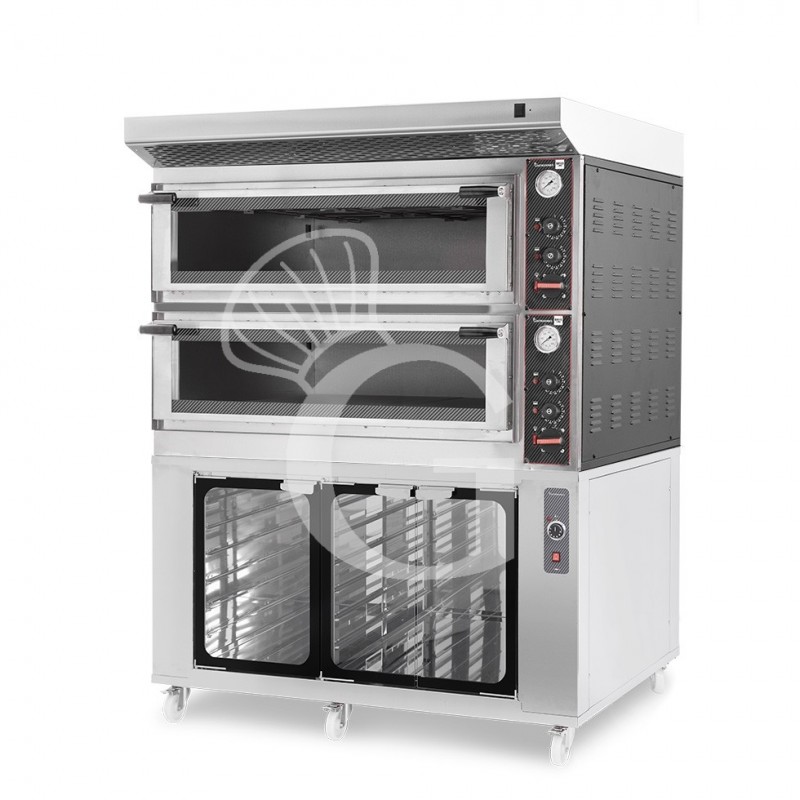 Forno Elettrico meccanico porta vetro 8 teglie 600x400 o 6+6 pizze Ø 400mm completo di cappa inox e cella di lievitazione inox