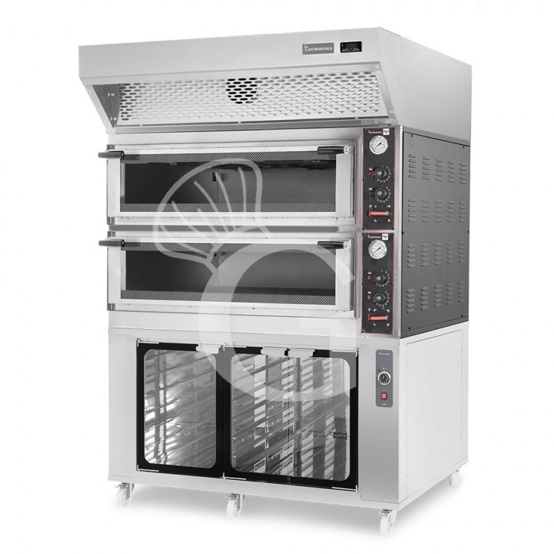 Forno Elettrico meccanico porta vetro 8 teglie 600x400 o 6+6 pizze Ø400mm,cappa a condensazione inox,cella di lievitazione inox