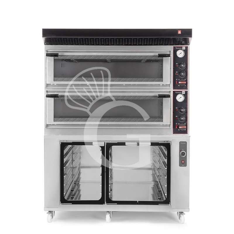 Forno Elettrico meccanico porta vetro 8 teglie 600x400 o 6+6 pizze Ø 400mm completo di cappa nera e cella di lievitazione inox