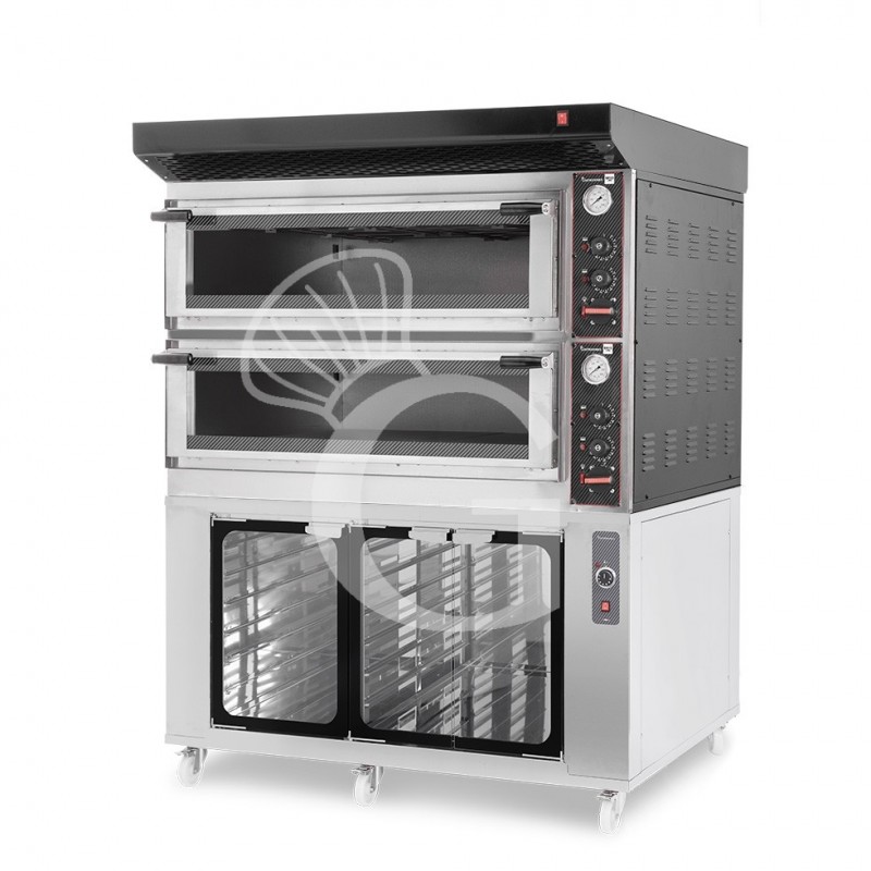 Forno Elettrico meccanico porta vetro 8 teglie 600x400 o 6+6 pizze Ø 400mm completo di cappa nera e cella di lievitazione inox