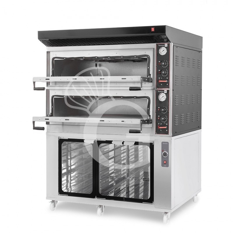 Forno Elettrico meccanico porta vetro 8 teglie 600x400 o 6+6 pizze Ø 400mm completo di cappa nera e cella di lievitazione inox