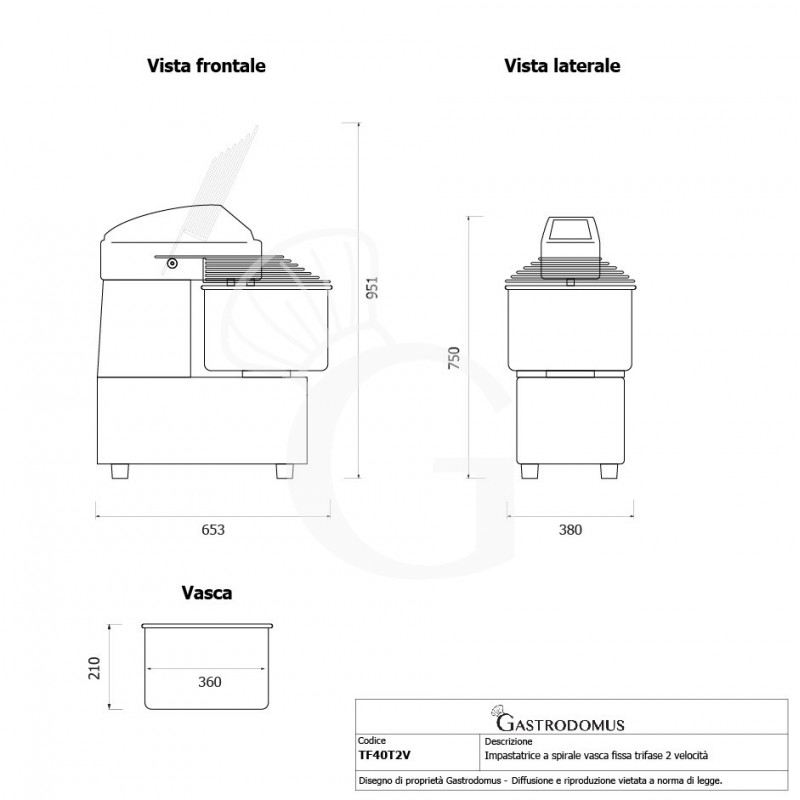 Impastatrice a spirale testa e vasca fisse comandi digitali - 42 LT - Trifase - 2 velocità