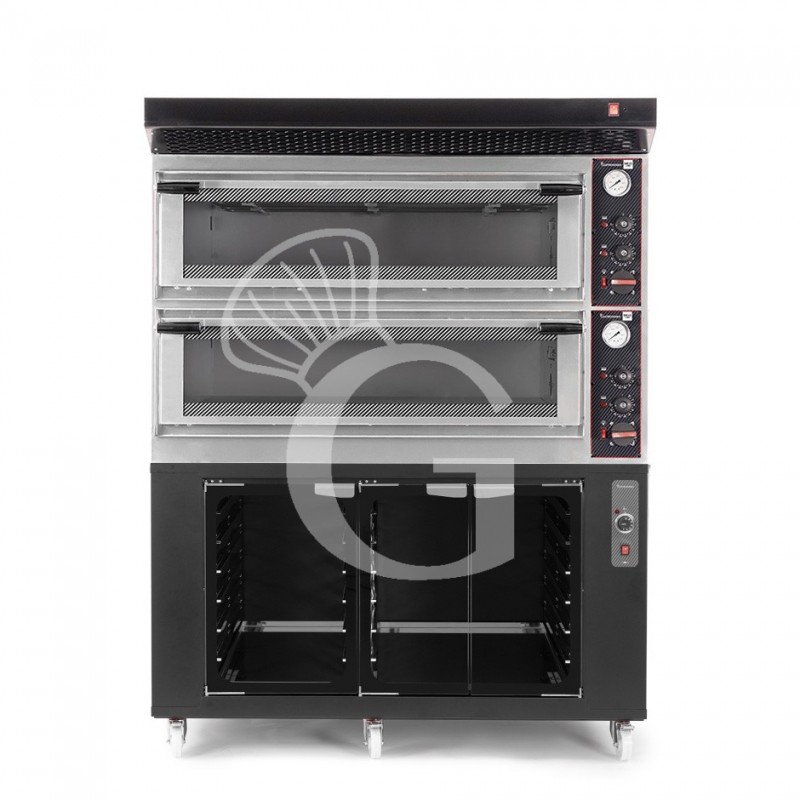 Forno Elettrico meccanico porta vetro 8 teglie 600x400 o 6+6 pizze Ø 400mm completo di cappa nera e cella di lievitazione nera