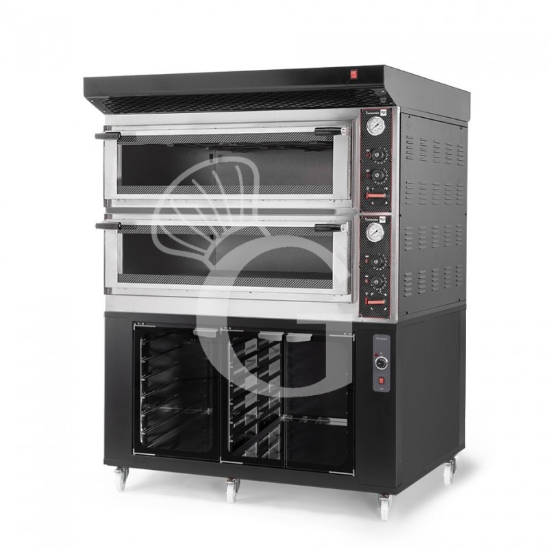 Forno Elettrico meccanico porta vetro 8 teglie 600x400 o 6+6 pizze Ø 400mm completo di cappa nera e cella di lievitazione nera